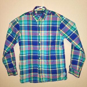 Ralph Lauren Shirt Men Medium Button Up Blue Green Tartan Plaid Preppy